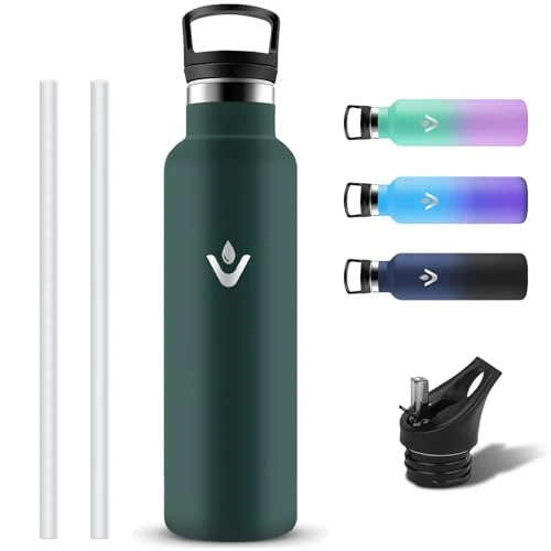Grsta Drinkfles Roestvrij Staal, Drinkfles 1l Met Rietje, Thermosfles Koolzuurhoudend, Lekvrije GeïSoleerde Waterfles, Bpa-Vrije Thermosfles Met 2 Deksels Voor Outdoor, Reizen, Reizen