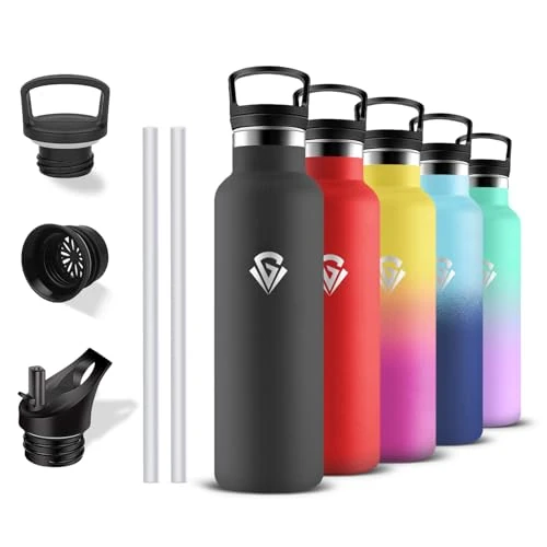 Thermos Flask, 500 ml, Stainless Steel Drinking Bottle with Straw, BPA-Free, Leak-Proof, 24 Hours Cold & 12 Hours Warm, Double Walled Water Bottle for School, Office, Black