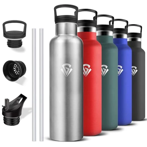 Grsta Thermosfles, 1 liter, BPA-vrij, sportfles met rietje, roestvrijstalen waterfles, lekvrij, houdt 12 uur warm / 24 uur koud, voor camping