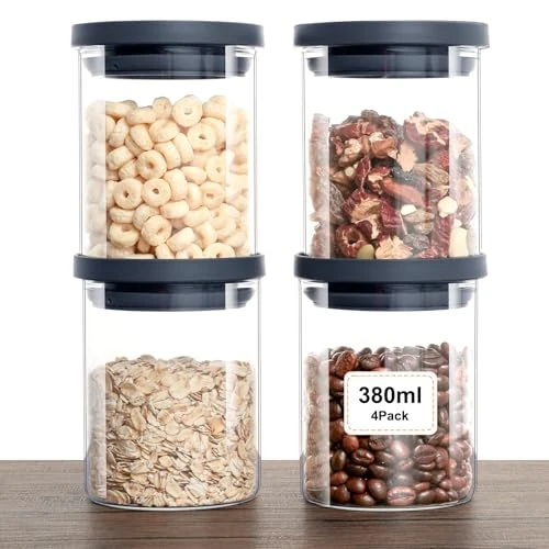 Offerta a tempo: VINATO 4 Pezzi Barattoli Vetro Con Coperchio per Cucina - Set Ermetico in Borosilicato, Contenitori Cucina, BPA-Free, 380ml per Frutta Secca e Spezie - 5% da 16.99 € a 16.14 €