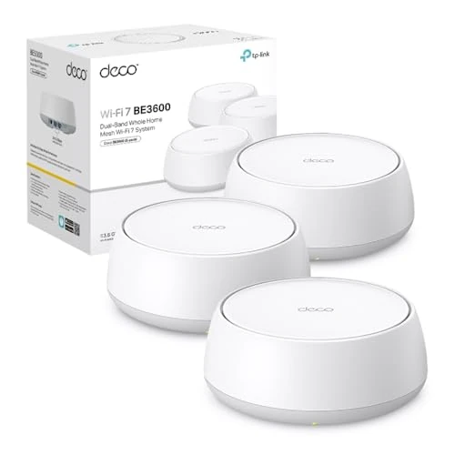 TP-Link WiFi 7 Deco BE3600 Mesh WiFi, BE3600Mbps, Dual Band, Channels 160MHz, 2 Ports Gigabit, HomeShield, MLO, 4K-QAM, Works with Any ISP and Modem, 4 Internal Antennas, WPA3, Alexa, Pack of 3
