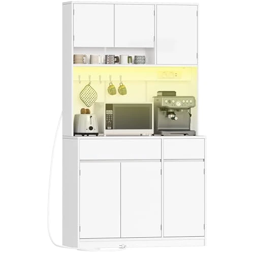 Offerta a tempo: Hzuaneri Credenza Cucina Alta, Multipresa e Striscia LED, Bianco - 10% da 189.99 € a 170.99 €