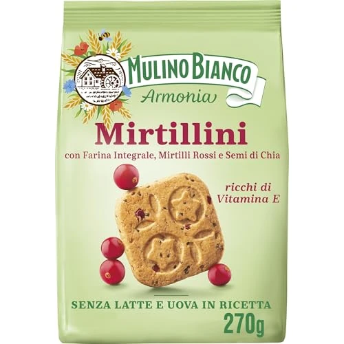 Mulino Bianco Mirtillini, Biscotti Frollini con Farina Integrale, Mirtilli Rossi e Semi di Chia, Ricchi di Vitamina E, Senza Latte e Uova in Ricetta, Confezione 270g (Confezione da 2)