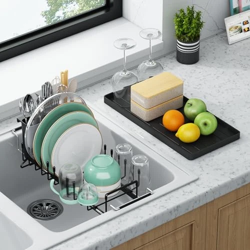 Limited-time offer: Dish Drying Rack - Aufworld Expandable Small Sink Dish Rack with Silicone Drying Tray, Over Sink Dish Drainer for Kitchen Counter with Utensil Holder, Drain Rack Fit for 14’’-19’’ Kitchen Sink from 15.99 GBP to 15.99 GBP (save 0%)