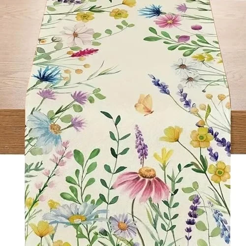 Saituo Home Spring Table Runner, Washable Modern Table Runner, Durable Printed Fabric Table Cover Spring or Summer Botanical Table for Dining Room Party Holiday