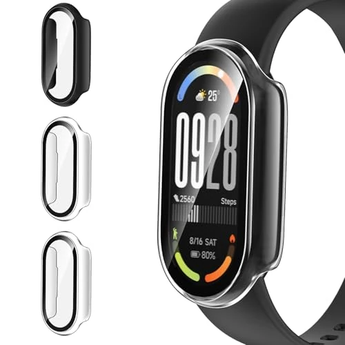 iVoler 3 Pieces Cover with Tempered Glass for Xiaomi Smart Band 10, Full Coverage Protective Film Shockproof Case, Thin Anti-Scratch Hard Bumper Case, 2 Transparent + 1 Black