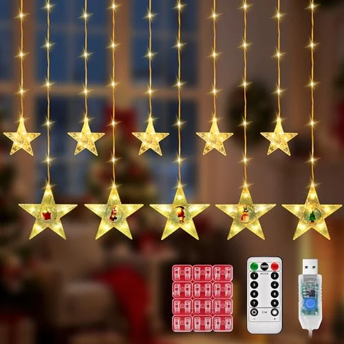 Oferta limitada: DazSpirit 10 Luces de Cortina de Estrellas, 3m 90 LED Guirnaldas Luminosas Estrellas Navidad, con Ganchos, Remoto 8 Modos, USB, Temporizador, para Navidad, Decoraciones de Fiesta (Blanco Cálido) de 15.19 EUR a 15.19 EUR (ahorro 0%)