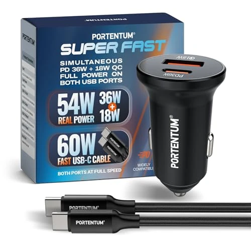 Oferta limitada: PORTENTUM Doble Cargador Coche Carga Rapida Simultánea 54W + 60W Cable USB C Fast Charge – USBC PD 36W + USBA QC 18W – Accesorio Mechero - para iPhone iPad Android Tablet Smarphone Galaxy Consola de 10.99 EUR a 7.20 EUR (ahorro 34%)