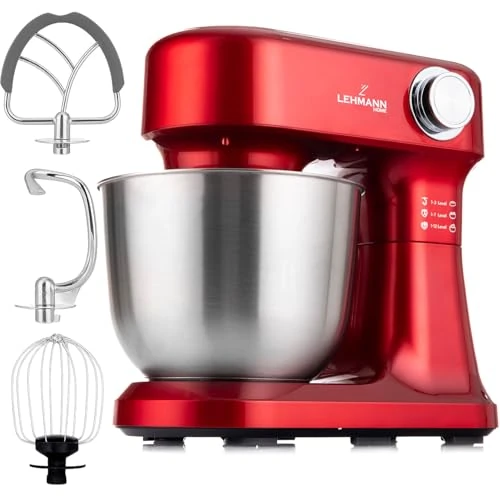 Limited offer: LEHMANN 1500 W 12 Speed Mixing Bowl 5 L Mixing Bowl with 3 Mixers - Whisk, Beater, Hook, Splash Proof Lid, Non-Slip, Red from 99.99 EUR to 79.99 EUR (save 20%)