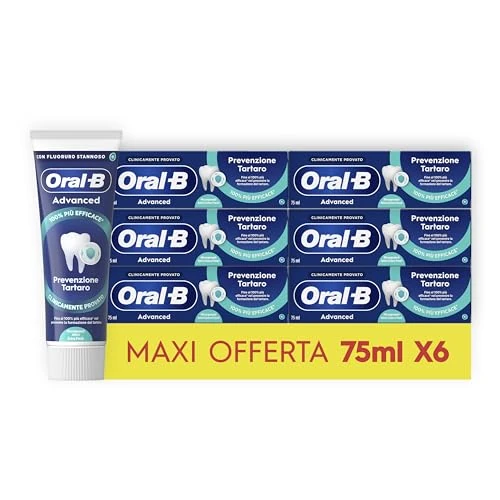 Offerta a tempo: Oral-B Dentifricio Advanced Prevenzione Tartaro 6x75ml, Dentifricio Formato Convenienza Anti Tartaro con Microgranuli Attivi, Clinicamente Provato, Sapore Menta Fresca, Alito Fresco, Pulizia Denti - 47% da 26.18 € a 13.99 €