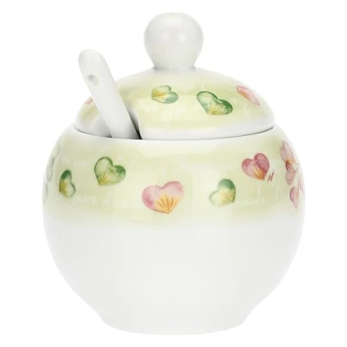THUN - Suikerpot met lepel - porselein - Collectie harten in bloem - 13 x 6 cm