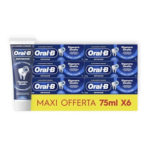 Oral-B Dentifricio Advanced Rigenera Smalto 6x75ml, Dentifricio Formato Convenienza, Clinicamente Provato, Pulizia Denti Efficace, Alito Fresco, Extra Freschezza Sapore Eucalipto