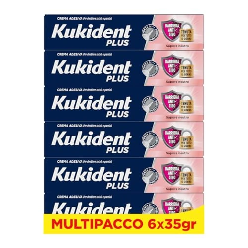 Offerta a tempo: Kukident Plus Barriera Anti-Cibo Crema Adesiva per Protesi Dentali Totali e Parziali, Sapore Neutro. Confezione da 6x35g - 26% da 53.94 € a 39.99 €
