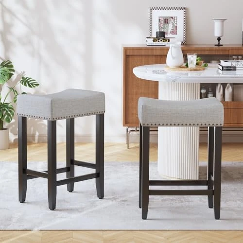 Offerta a tempo: Ckaff Set di 2 Sgabelli da Bar, Sgabelli da Bar ad Altezza Bancone Sgabello da Sella Alto da 65.5cm, Sedia Trucco Cucina in Lino, Poggiapiedi per Sala da Pranzo, Cucina ad Isola, Caffetteria, Grigio - 0.0% da 29.99 € a 29.99 €