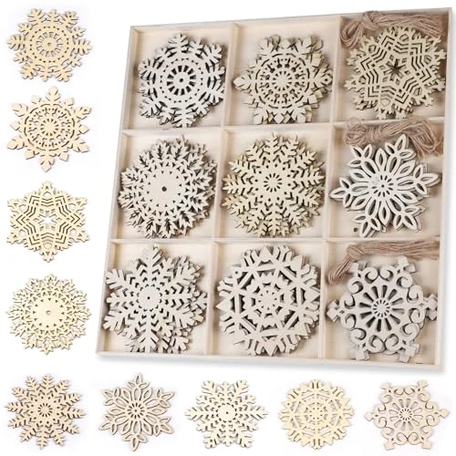 Tijdelijke aanbieding: 45 stuks kerstboomversiering van hout, sneeuwvlok, 10 x 10 cm, kerstboomversiering, hout, 9 ontwerpen (elk 5 stuks) met jute touw, decoratieve ornamenten om op te hangen, doe-het-zelf handwerk van 10.65 EUR naar 10.65 EUR (korting 0%)