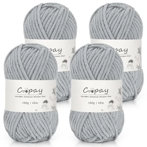 Tijdelijke aanbieding: Coopay Chenille Chunky wol om te haken, dik garen, super wollig, zachte wol voor babydeken, grof chenillegaren voor dekens, sjaals, sokken, tassen, 4 x 100 g, grijs van 23.99 EUR naar 23.99 EUR (korting 0%)