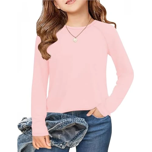 Arshiner Children T-Shirts Pink Long Sleeve Tops Girls Thermal Pullover Basic Top Kids Long Sleeve Undershirt Slim Fit Tunic Autumn Winter Sweatshirt Leisure Shirt 7-8 Years
