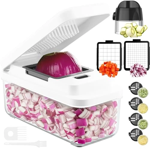 6 in 1 Groentesnijder, handmatige groentespiraal, multifunctionele snijmachine voor groenten met 2 verwisselbare roestvrijstalen messen, handmatige groentesnijder voor snel en gelijkmatig snijden van