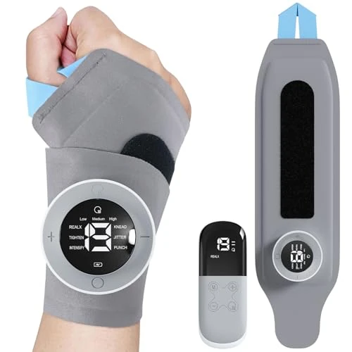 HSYFUNA EMS & TENS Massaggiatore per Polso e Mano Senza Fili con Calore, 6 Modalità e 19 Intensità, con 3 Livelli Termoterapia, per Tendinite e Sindrome del Tunnel Carpale