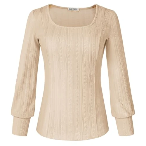 GRACE KARIN Maglione da donna, casual, leggero, con scollo a U, a maniche lunghe, albicocca, S
