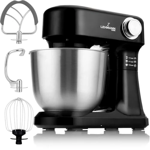 Offre limitee: LEHMANN Robot Pâtissier avec 3 Mélangeurs - Fouet, Batteur, Crochet, 12 vitesses, Bol 5L, Anti-éclaboussures, Protection Surchauffe, Petrin pour préparer Pâtes à Gâteau, Pizza et Pain, Noir de 99.99 EUR a 79.99 EUR (economie 20%)