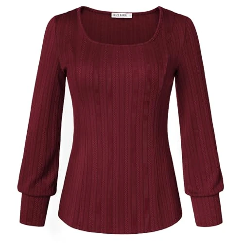 GRACE KARIN Maglione da donna, casual, leggero, con scollo a U, a maniche lunghe, rosso vivo, XL