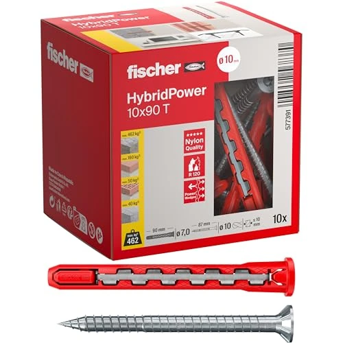 Fischer 10x HybridPower T, Tasselli Prolungati in Nylon e Acciaio con Vite Svasata Piana Torx, Sicuro come un Ancorante Metallico e Facile da Installare come un Tassello in Nylon, 577391