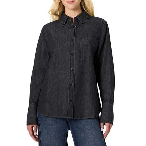 Offerta a tempo: Amazon Essentials Camicia Button Down in Denim, Vestibilità Oversize Donna, Nero, M - 0.00% da 13.24 € a 13.24 €