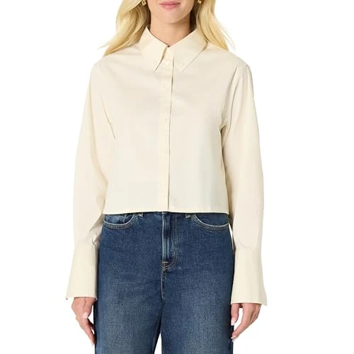 Amazon Essentials (Scelto da Demi Camicia Button-Down Corta Moderna in Popeline di Cotone, Elasticizzata, vestibilità Oversize Donna, Crema, S