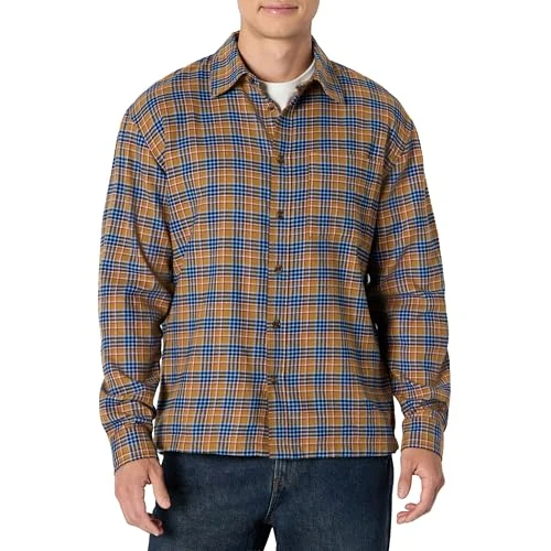 Amazon Essentials (Scelto da Demi) Camicia in Flanella a Maniche Lunghe, Vestibilità Comoda Uomo, Blu Cachi Scuro Houndstooth Plaid, M