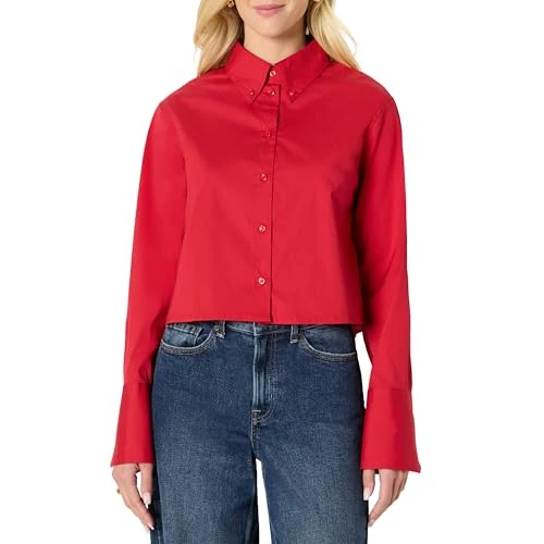 Amazon Essentials Women's (Demi's Pick) Modern Oversized-Fit Cropped Cotton Stretch Poplin Button-Down Shirt, Red, M