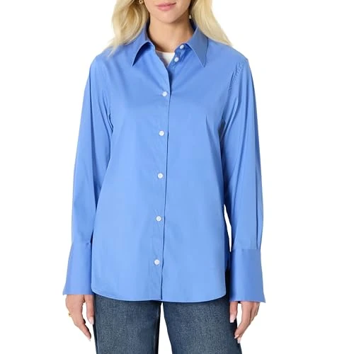 Amazon Essentials Women's (Demi's Pick) Oversized-Fit Cotton Stretch Poplin Button-Down Dress Shirt, Blue, S