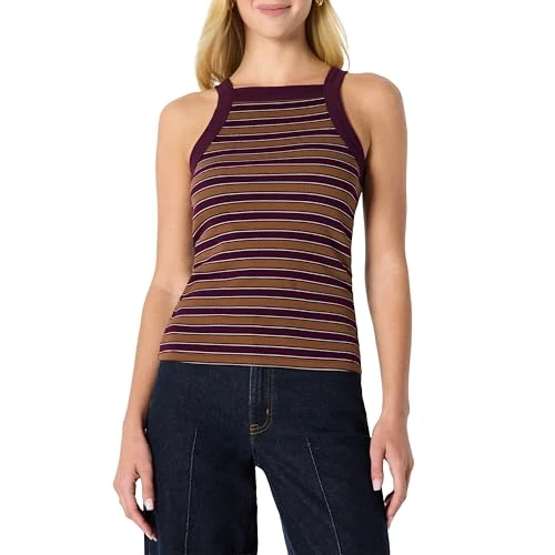 Limited-time offer: Amazon Essentials Women's Slim-Fit Stretch Rib High-Neck Tank with Consistent Stretch, Burgundy Brown Stripes, XS from 4.07 £ to 3.10 £ (save 24%)