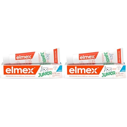 Offerta a tempo: Elmex - Dentifricio Junior 75ml (Consegna in 48 Ore), Dentifricio per i Denti Permanenti dei bambini, Protezione contro la Carie dei Bambini, Formula Avanzata per Bambini (Confezione da 2) - 23% da 8.28 € a 6.38 €