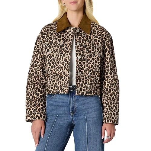 Amazon Essentials Damen Oversize-Jeansjacke Mit Kontrastierendem Kragen, Schwarz Braun Tiermuster, XL