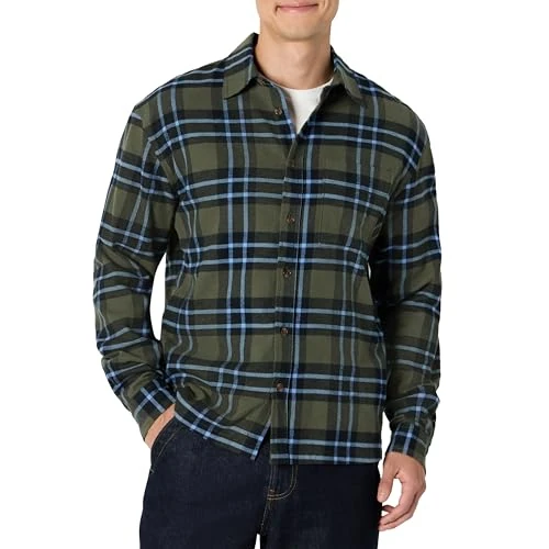 Oferta limitada: Amazon Essentials (La elección de Demi) Camisa de Franela de Manga Larga y Corte Holgado Hombre, Verde Oliva Oscuro Azul Patrón A Cuadros Sencillo, M de 23.92 EUR a 21.97 EUR (ahorro 8%)