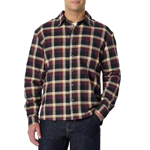 Amazon Essentials (La elección de Demi) Camisa de Franela de Manga Larga y Corte Holgado Hombre, Burdeos Oscuro Negro Check Plaid, XXL
