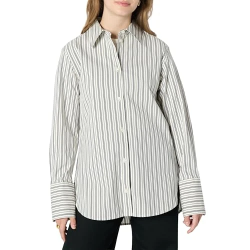 Zeitlich begrenztes Angebot: Amazon Essentials Damen Oversized-Fit-Baumwoll-Stretch-Popeline mit Knopfleiste, Elfenbein Schwarz Streifen, L von 16.80 € auf 14.31 € (15% Rabatt)