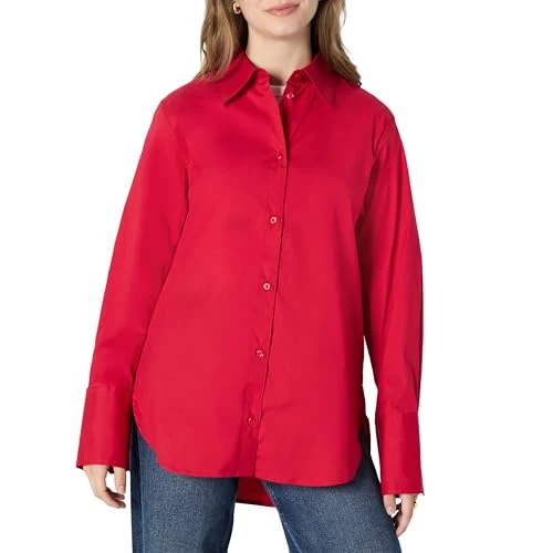 Amazon Essentials (La elección de Demi Camisa de Vestir de Popelina Elástica de Algodón, Corte Extragrande y con Botones Mujer, Rojo, M
