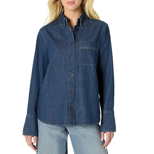 Offre limitée : Amazon Essentials Chemise Boutonnée en Denim, Coupe Surdimensionnée Femme, Bleu Moyen Vintage, L de 27.75 € à 27.75 € (0.00% de remise)
