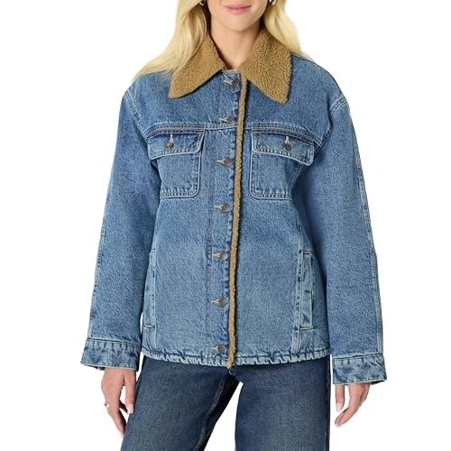 Amazon Essentials (Scelto da Demi) Giacca in Denim con Fodera in Finto Shearling, Vestibilità Oversize Donna, Blu Medio Vintage, XS