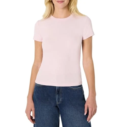 Amazon Essentials (Scelto da Demi) T-shirt a Maniche Corte a Costine, Elasticizzata, Vestibilità Aderente Donna, Lilla Pastello, M