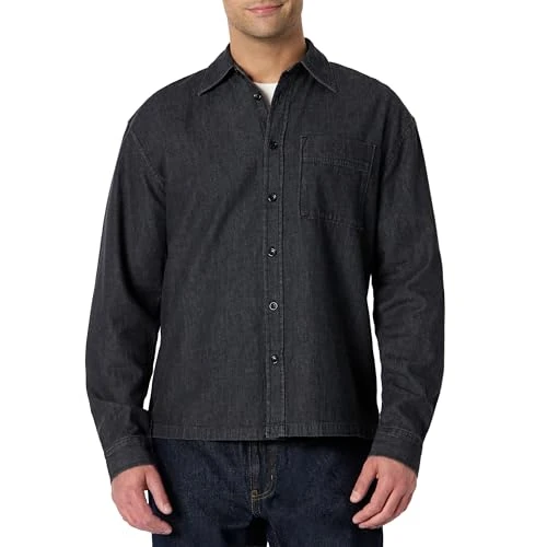 Offerta a tempo: Amazon Essentials (Scelto da Demi) Camicia Button Down in Denim, Moderna, Vestibilità Oversize Uomo, Nero, M - 3% da 9.68 € a 9.38 €