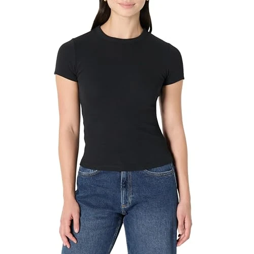 Amazon Essentials (Scelto da Demi) T-shirt a Maniche Corte a Costine, Elasticizzata, Vestibilità Aderente Donna, Nero, M