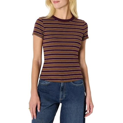 Amazon Essentials Damen Slim-Fit-T-Shirt Mit Kurzen Ärmeln, Burgunderrot Braun Streifen, L