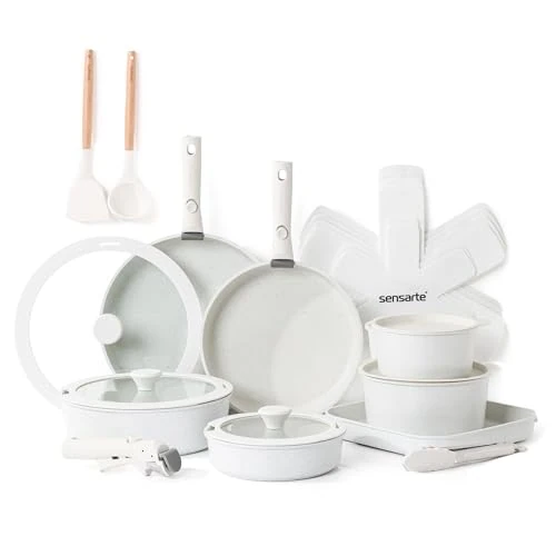 SENSARTE Set di Pentole 24 Pezzi con Manici Rimovibili, Antiaderente in Granito, Compatibile con Induzione e Gas, Include Padelle, Casseruole e Grill, Impilabile e Lavabile in Lavastoviglie