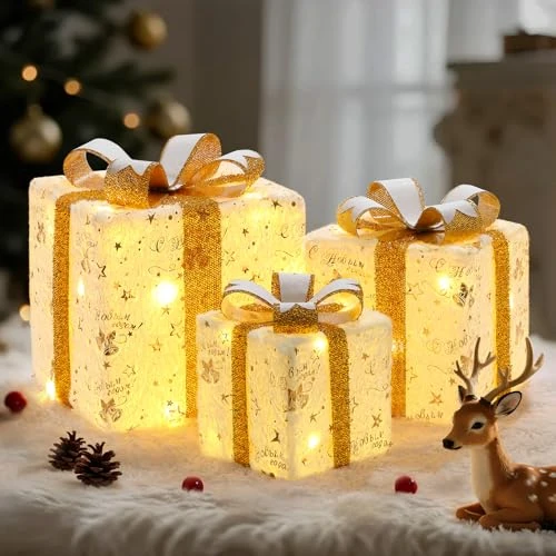 Offerta a tempo: Lewondr Scatole Regalo Illuminate Natalizie, 3PCS Scatole Regalo Natalizie Per Interno Ed Esterno Con Telecomando, Cavo USB, Fiocchi, Motivi Stampati In Oro Di Campane E Stelle Natalizie - 17% da 35.99 € a 29.99 €