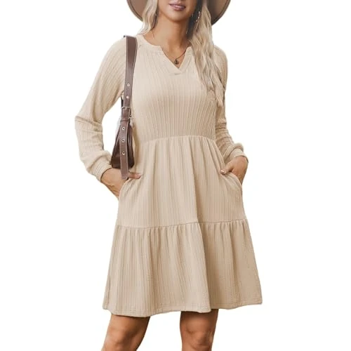 Oferta limitada: Zeagoo Vestido de Punto Mujer Manga Larga Elegante Cuello en V Corte en A Canalé con Bolsillos Otoño Invierno Beige XXL de 25.99 € a 25.99 € (ahorro 0.00%)