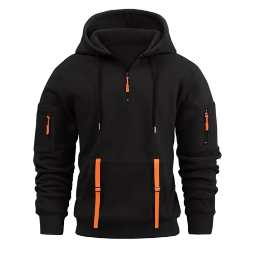 Lonya Męska bluza z kapturem na co dzień 1/4 zamek błyskawiczny top zimowa bluza z kapturem długi rękaw sznurek bluza z kapturem z kieszenią, Czarny, M