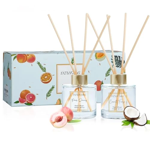 Tijdelijke aanbieding: Kamergeur, 2 x 100 ml, kokosnoot/perzik, met 6 geurstokjes aromatherapie diffuser, thuisgeur, rieten diffuser, luchtverfrisser voor slaapkamer, kantoor, badkamer, plank decoratie van 24.99 EUR naar 24.99 EUR (korting 0%)